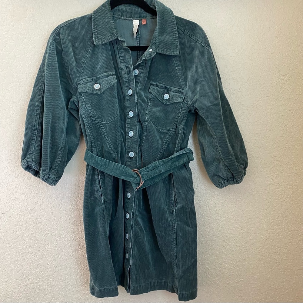 Anthro Pilcro Lysette Corduroy Mini Shirtdress green belted ribbed size 2